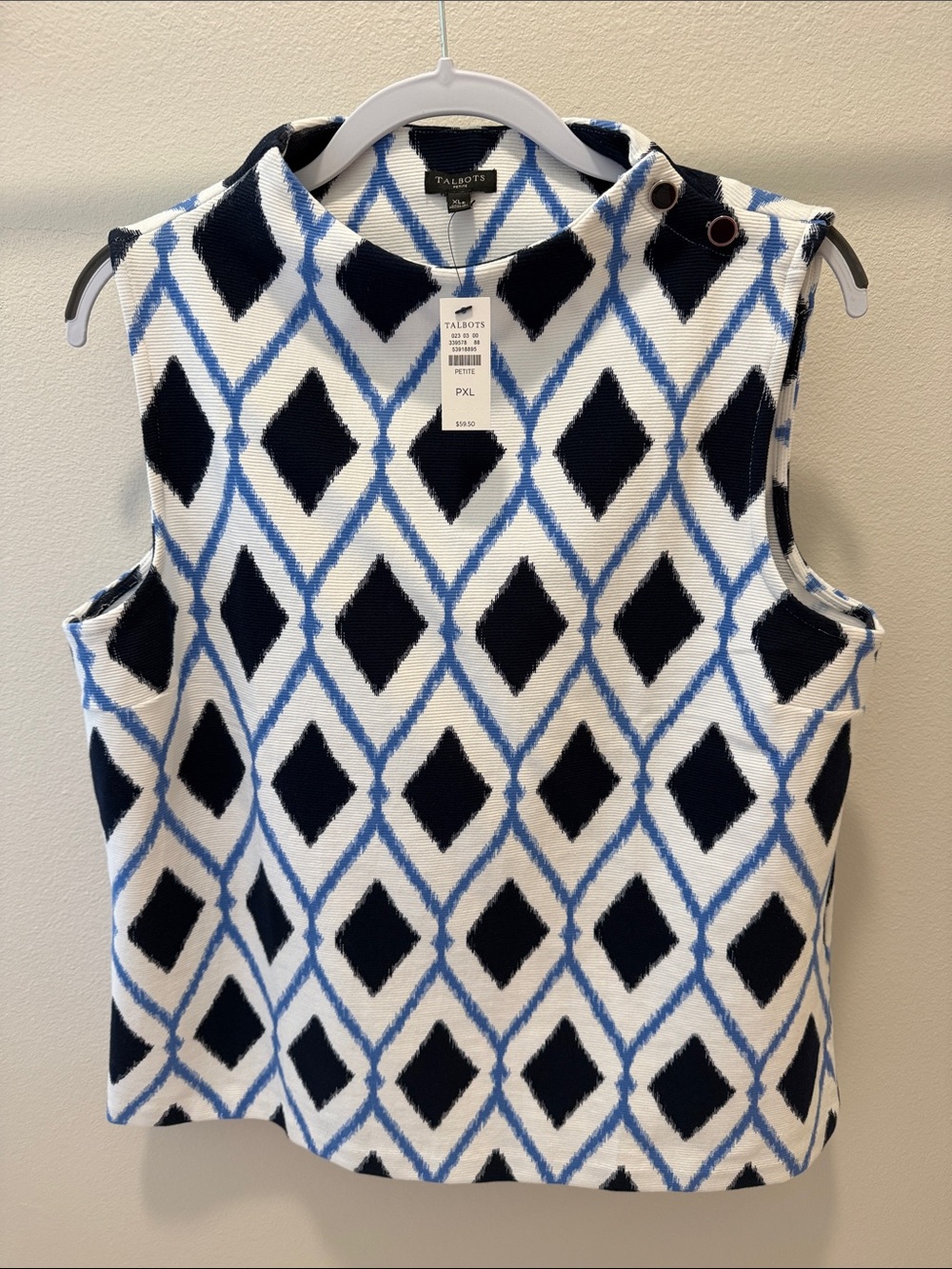 Talbots Navy and White Diamond-Pattern Sleeveless Shell